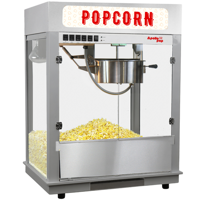 Apollo 32 Ounce Popcorn Machine - Stainless Steel - Backlit Sign